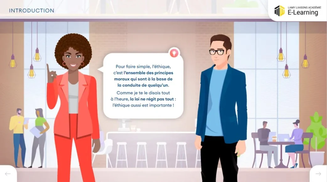 Capture d'écran d'un module e-learning sur l'éthique, affichée dans un ordinateur portable