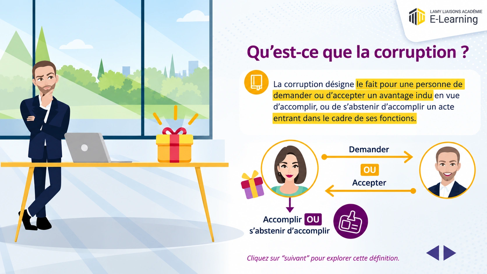 Capture d'écran d'une formation e-learning anti-corruption expliquant ce qu'est la corruption