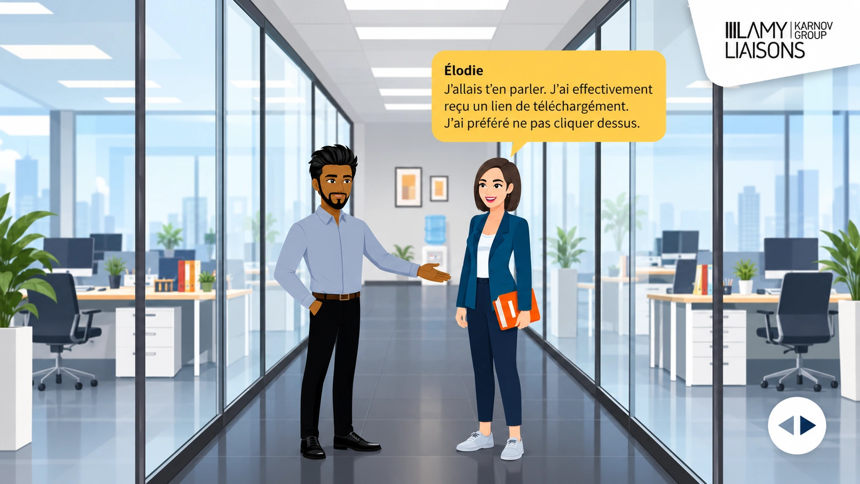 Capture d'écran d'une formation e-learning sous forme de dialogue métier