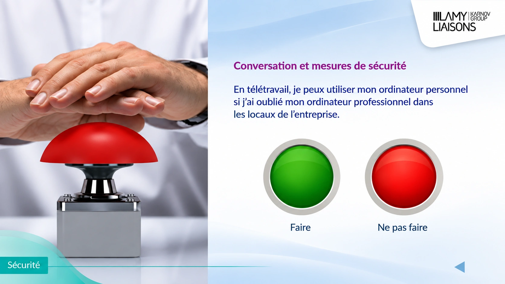 Capture d'écran d'une formation e-learning cybersécurité avec choix faire ou ne pas faire